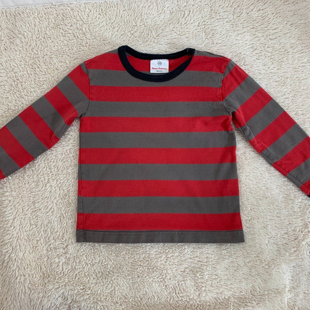 Hanna Andersson Boy's Red and Grey Striped Long-sleeve Shirt, Size 100 (4)